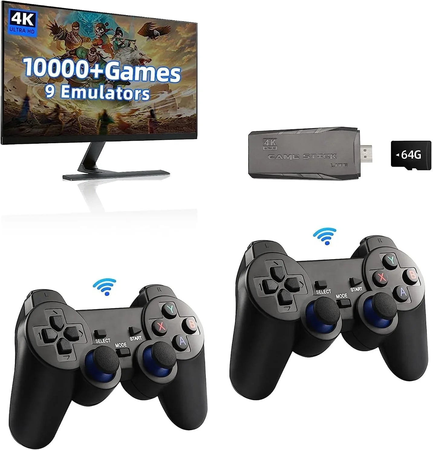 HD Built and with 4K Game Game Output Play 2.4GHz Retro Video 10000+ Emulators, in Wireless 9 Controllers Stick,Wireless Game (64G) Stick Retro Plug Console Games,