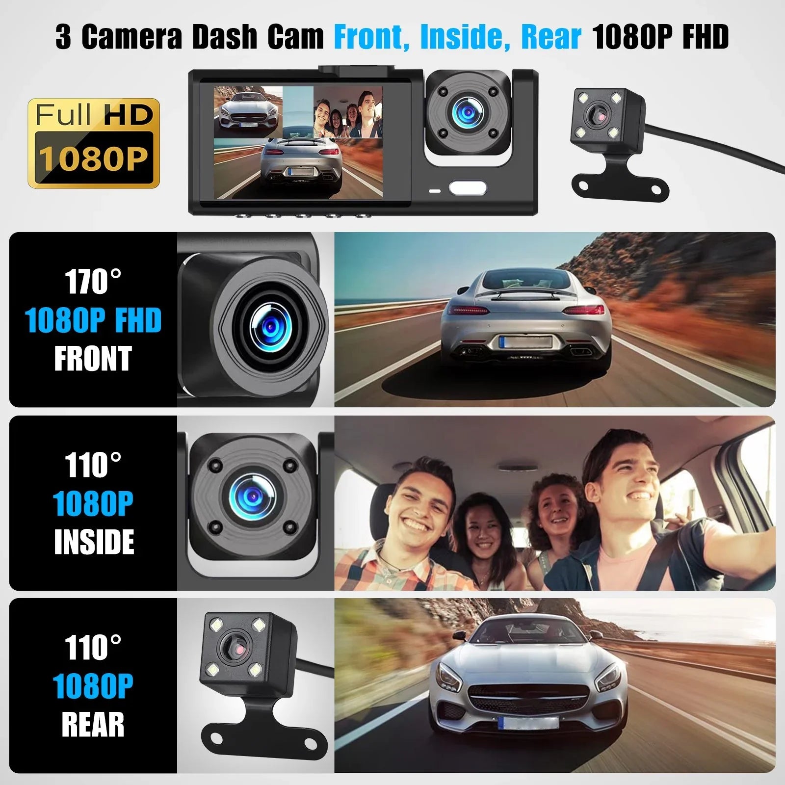 and Parking for Dash 3 Inside Night Triple Vision, Full Front Monitor Dashcam Card, Channel 1080P Cars, HD Rear Camera Three W/IR Dash Loop Car Camera Recording, TF Cam W/32GB Way G-Sensor,