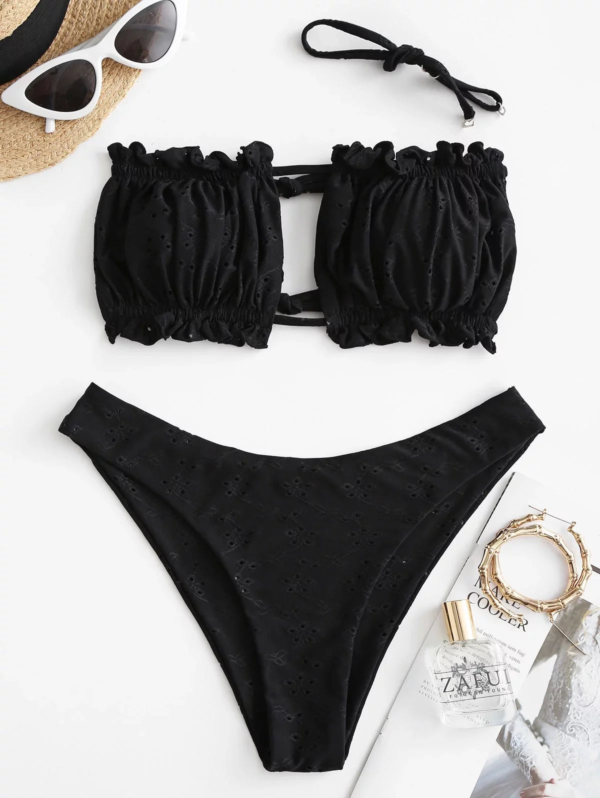 Suits Womens Ruffle Piece Tie Sexy Cutout ZAFUL 2 Ribbed Cut Bikini Bathing Swimsuit High Bandeau