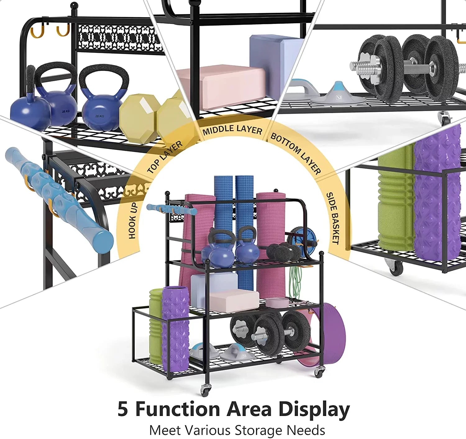 Organizing Rack Foam for Strap Equipment Racks, Yoga Storage Home Mat with Y&M All-in-One Wheels, and Organizer Storage and Hooks Resistance Yoga Workout Storage Band Gym Dumbbells Roller, Kettlebells