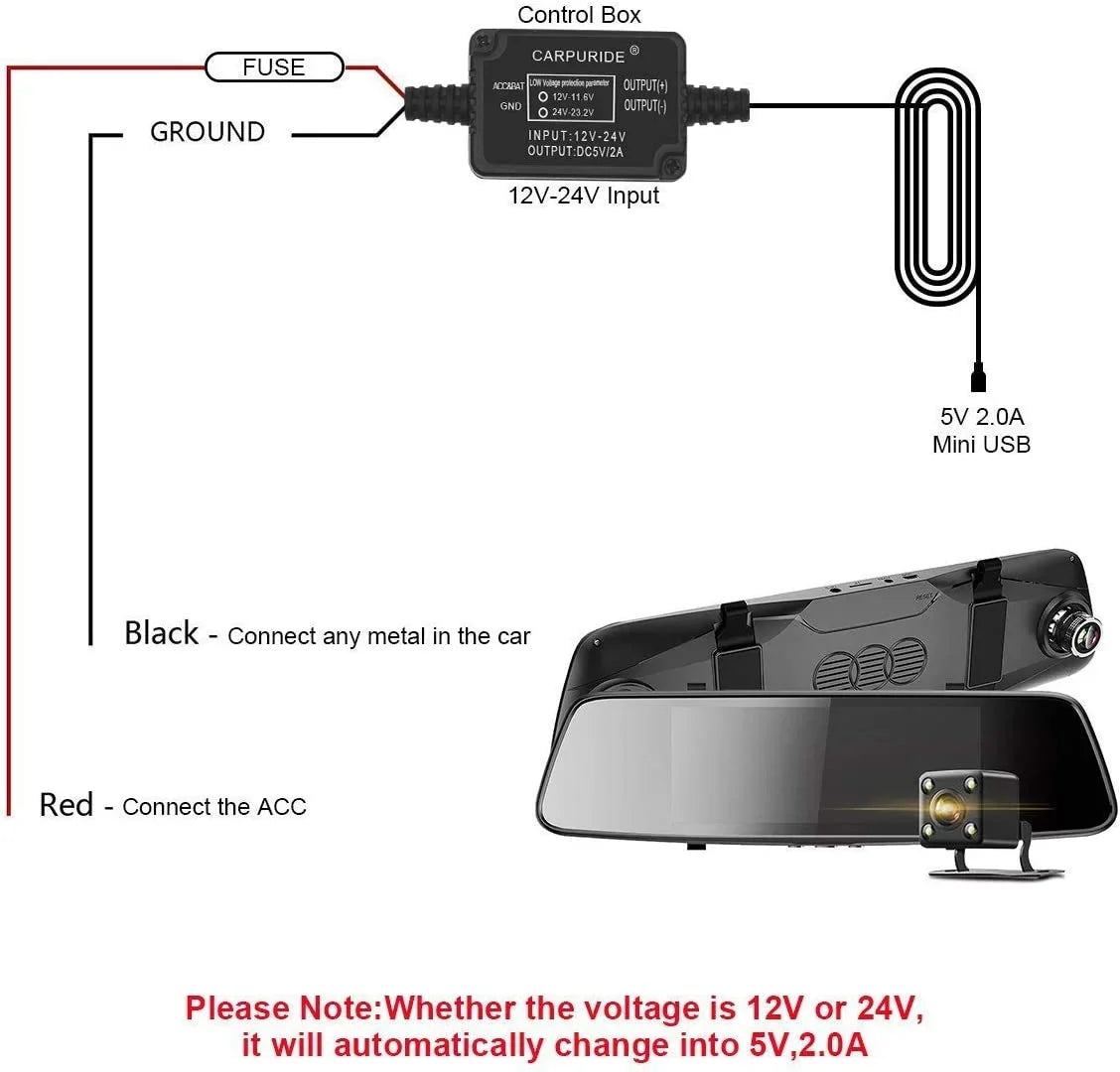 Hardwire Max Dash Dash with Port, DC Camera Charger to Cam - Fuse, Low Car Cable Mini kit 12V 5V/2A 24V USB Kit,