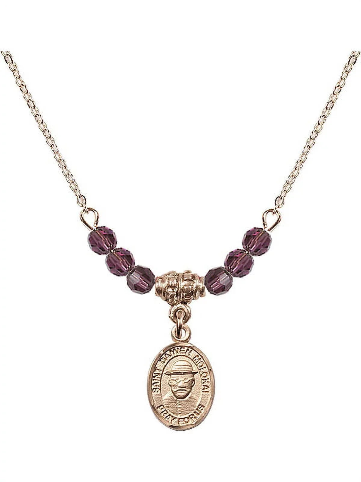 18-Inch Charm Gold Damien Saint with Beads Hamilton Plated Necklace Month Purple 4mm February Stone Molokai and of Birth