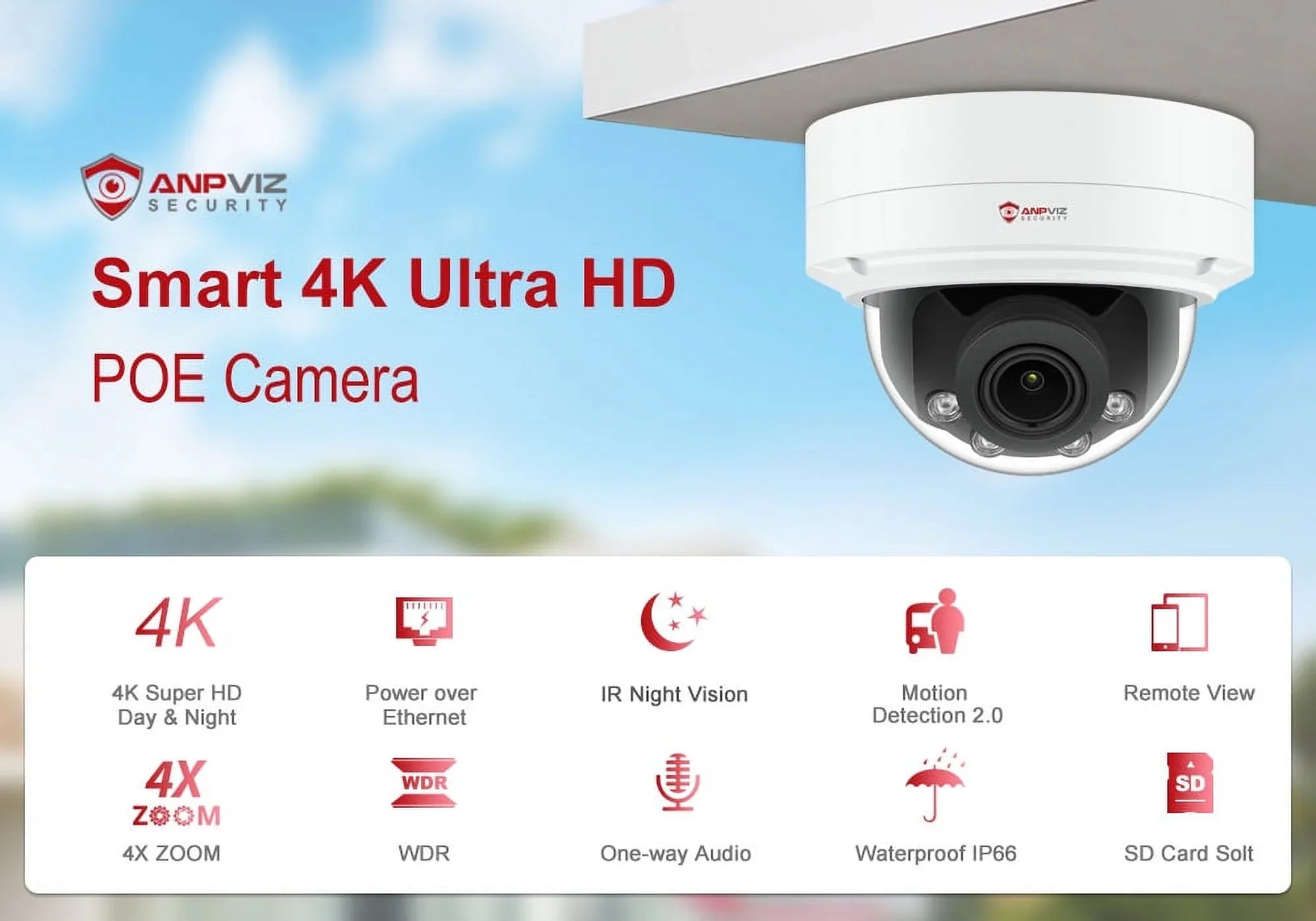 Detection Camera ANPVIZ Support in IP66 Human IP Camera Distance 8MP Mic Built 4X IR 30m H.265 Zoom Vehicle