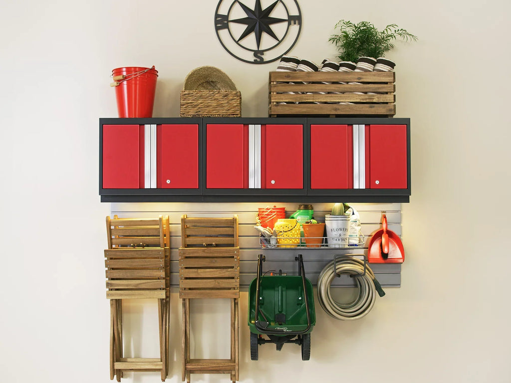 Duty Garage Storage Steel Slatwall Set, Wall Bold System, NewAge Cabinet Shelf Heavy Mounted Red / Products Included Series 24-Gauge 13 Piece