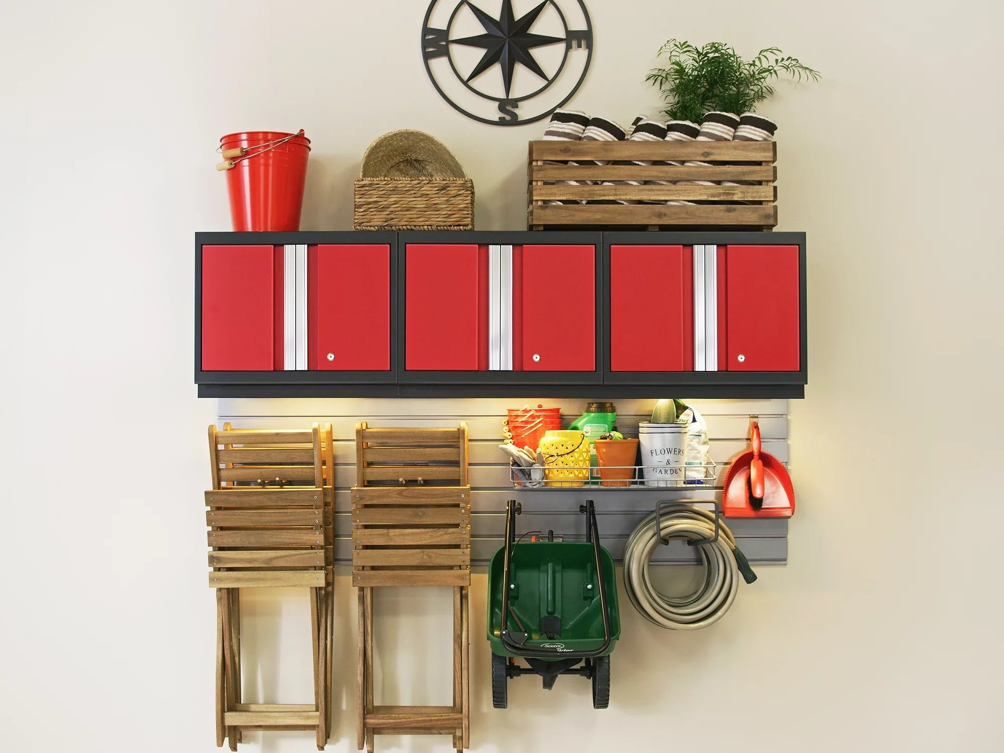 Duty Garage Storage Steel Slatwall Set, Wall Bold System, NewAge Cabinet Shelf Heavy Mounted Red / Products Included Series 24-Gauge 13 Piece
