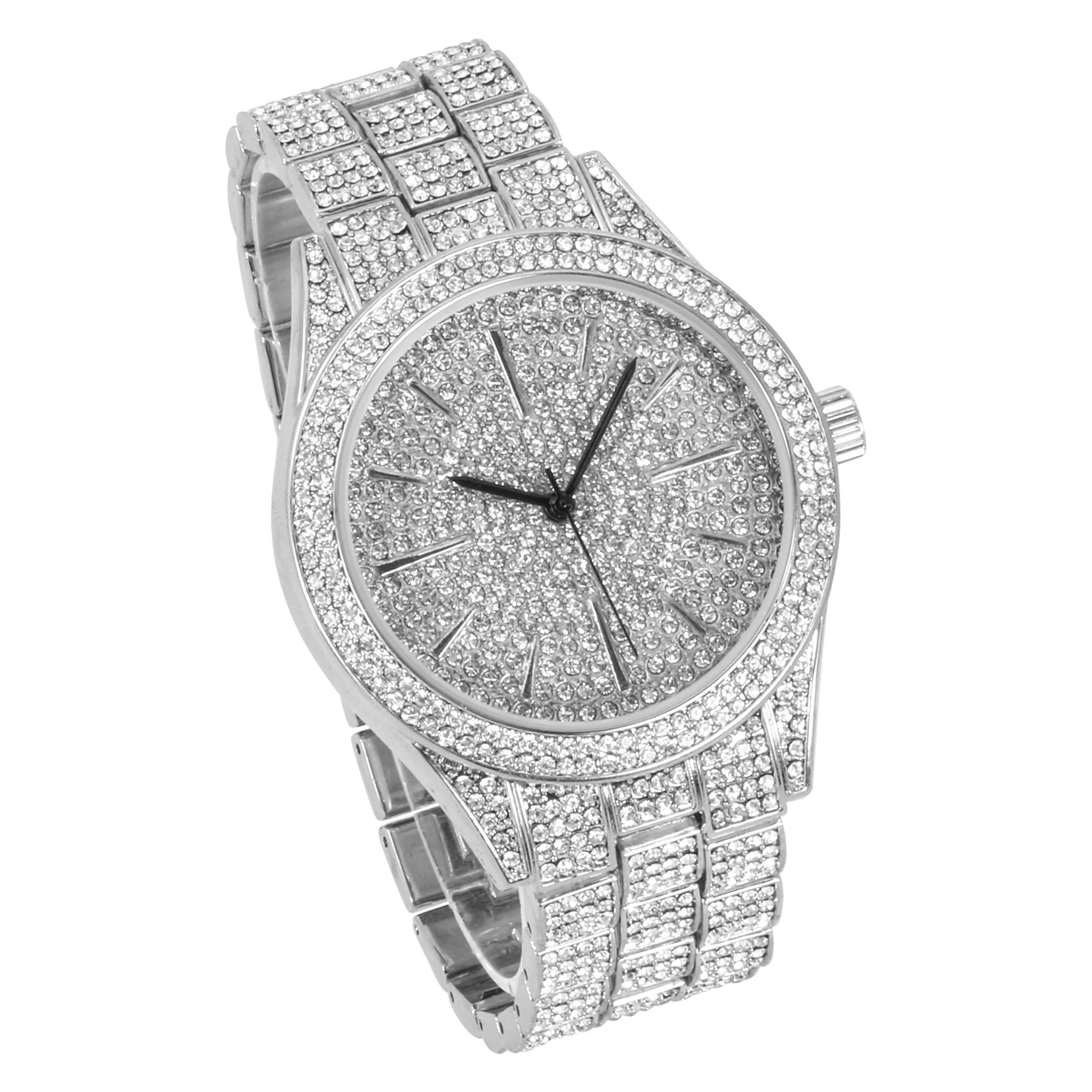 Movement - Out Simulated - Bling Mens Watch Adjustable with Band and Dial Tone Diamonds Bling-ed Silver Diamond Out - Iced 42mm Finish Fully Metal Quartz
