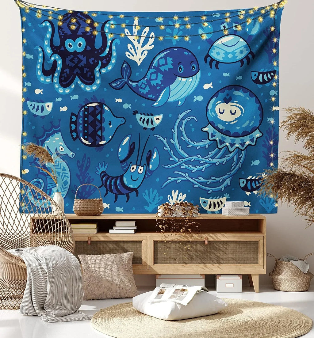 Octopus Moss Dorm, Fish Room Hanging Whale Tapestry, Animals X Fabric Living Little And For 30", Deep Print, Ocean With Decor Blue 45" Cartoon Bedroom Wall Sealife