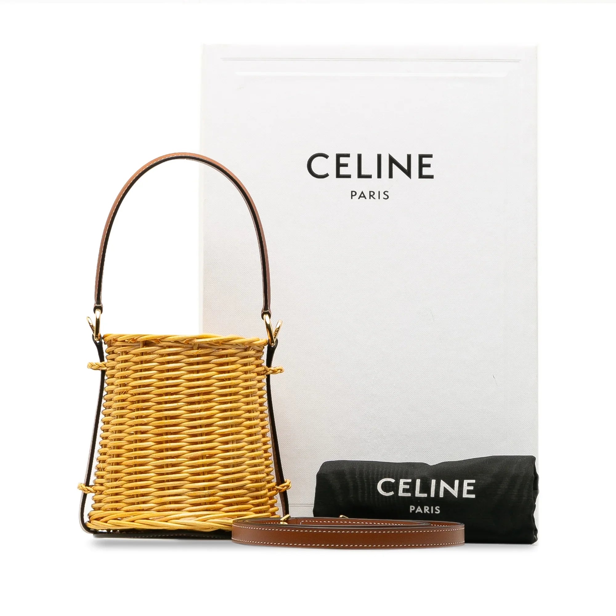 Unisex Wicker Bucket DrawstringBag Celine (Good) Brown Pre-Owned Authenticated Rattan Micro Natural Material Bag