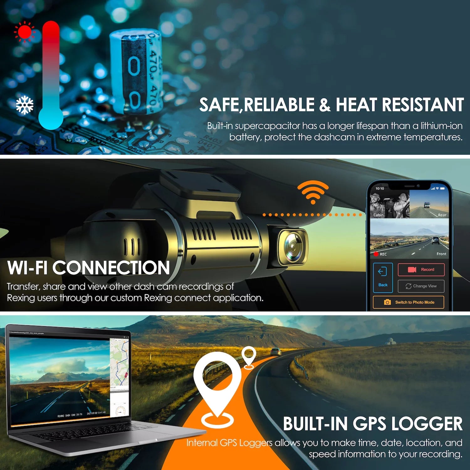 AI with Wi-Fi and Dash V2 Recording Pro Rexing 1080p 3-Channel Front/Cabin/Rear GPS Cam,
