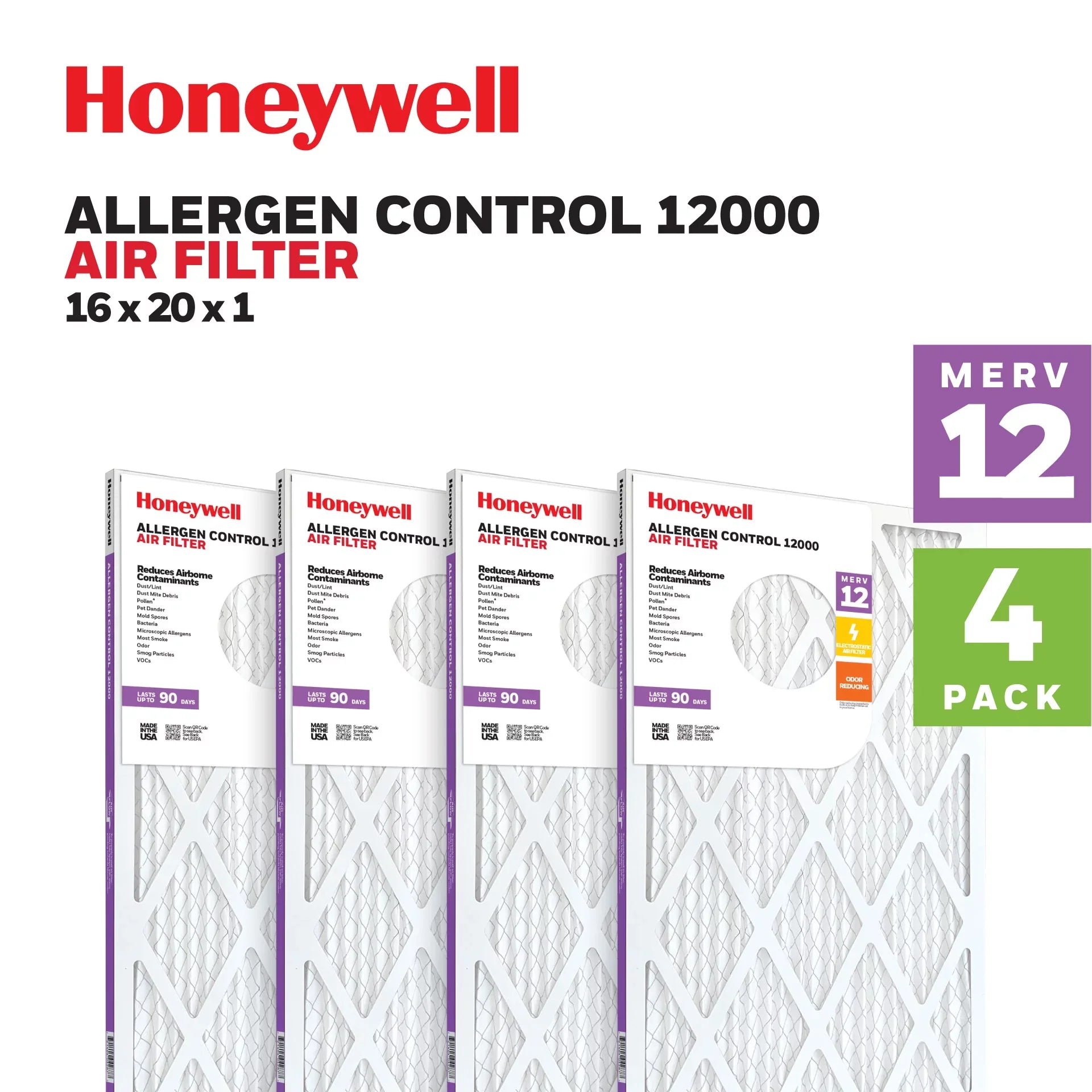 Honeywell Pack HVAC Pleated -4 16x20x1 MERV Furnace Air 12 Filter