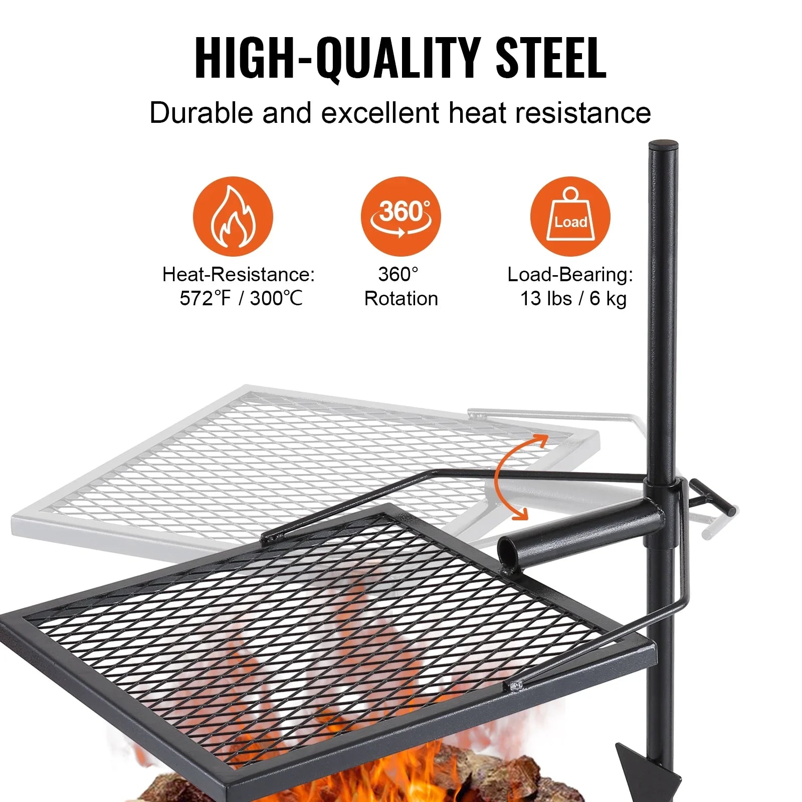 Fire Open Grate Steel BENTISM Adjustable 16" x Swivel Heavy Duty Grill Campfire 16" Cooking