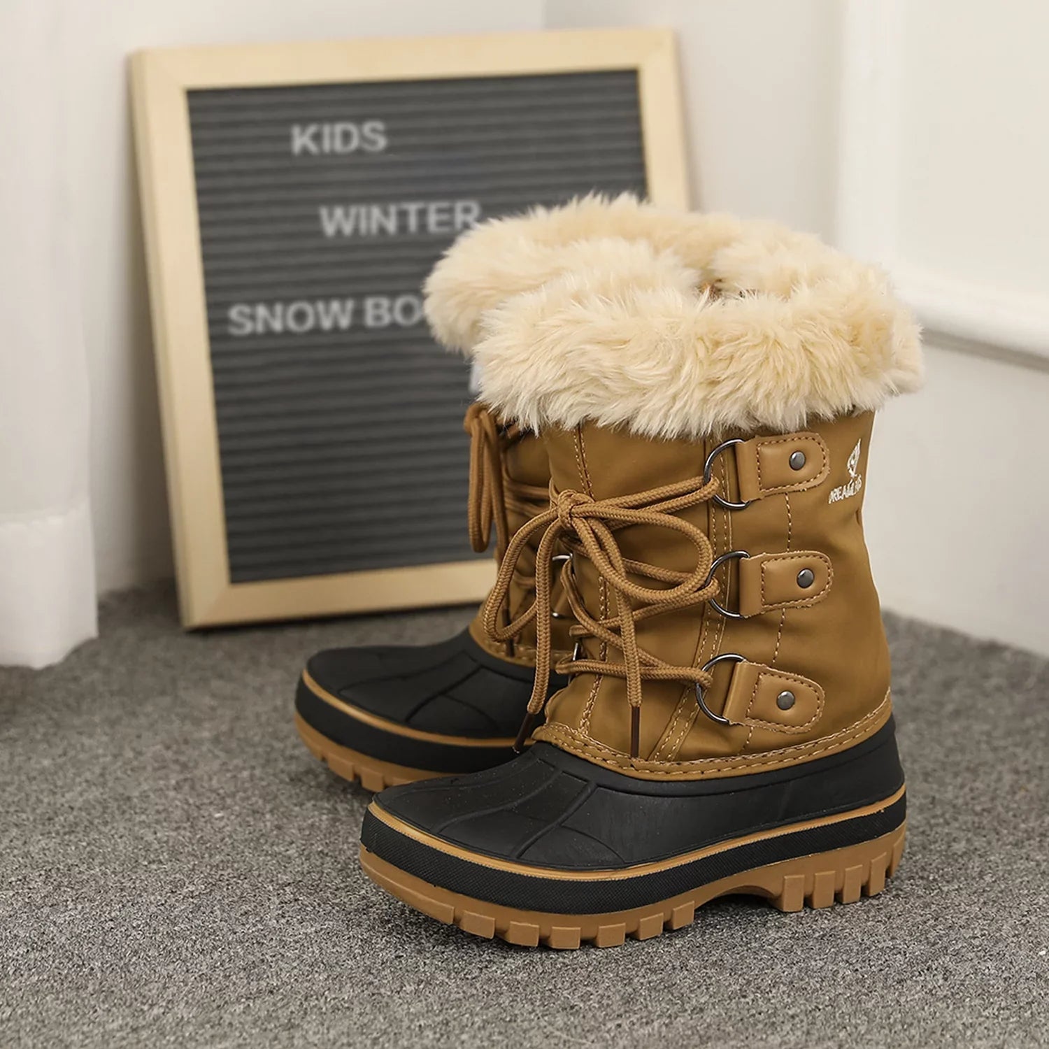 1 Toddler Shoes Ankle Kid Dream Pairs Boots Faux Little Fur-Lined Girls Warm Boys Size Soft Snow Kids FORESTER Winter Boots TAN