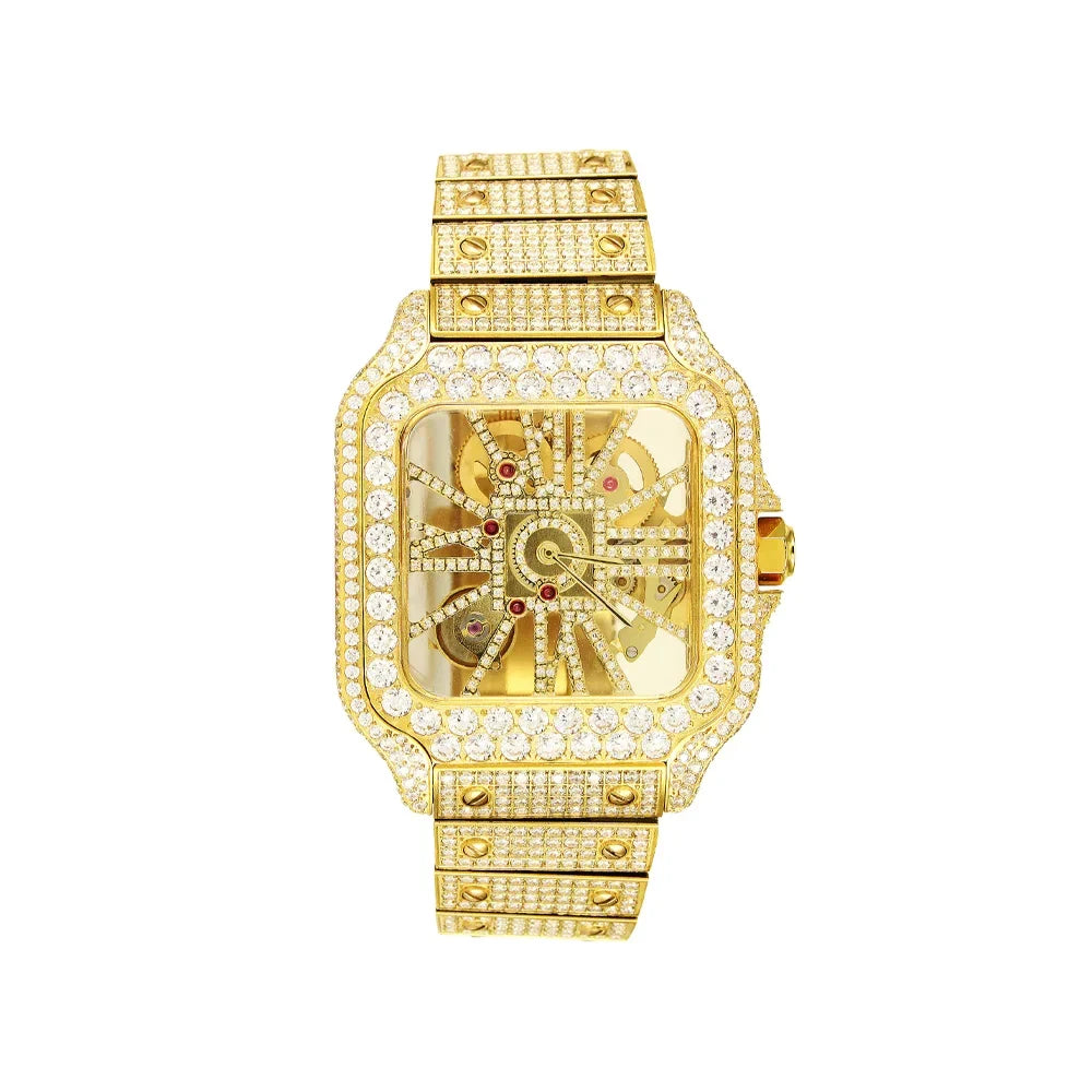 Skeleton Gold 14K Automatic Mens Steel Tone Dial Watch Diamond Stainless Custom Moissanite