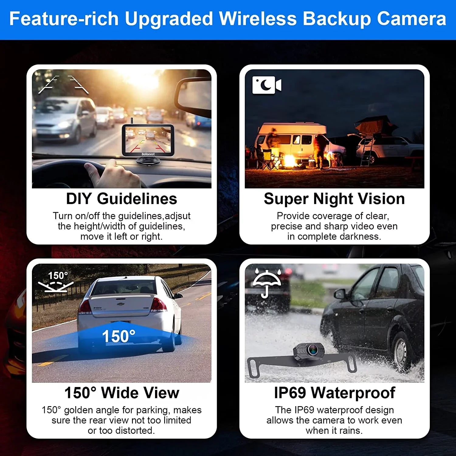 Camera Cam HD Reverse DoHonest 2 Play Backup Signal vision Monitor 1080P Car Auto-Switching Van Install 7-Inch: for Stable Plug Bluetooth Kit Channel Pickup Easy to Truck V Wireless and Night Camper