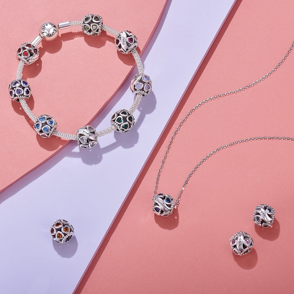 Bracelets 925 Heart Birthstone NINGAN Silver Pandora February Bead Love Charms Charms Openwork Sterling for