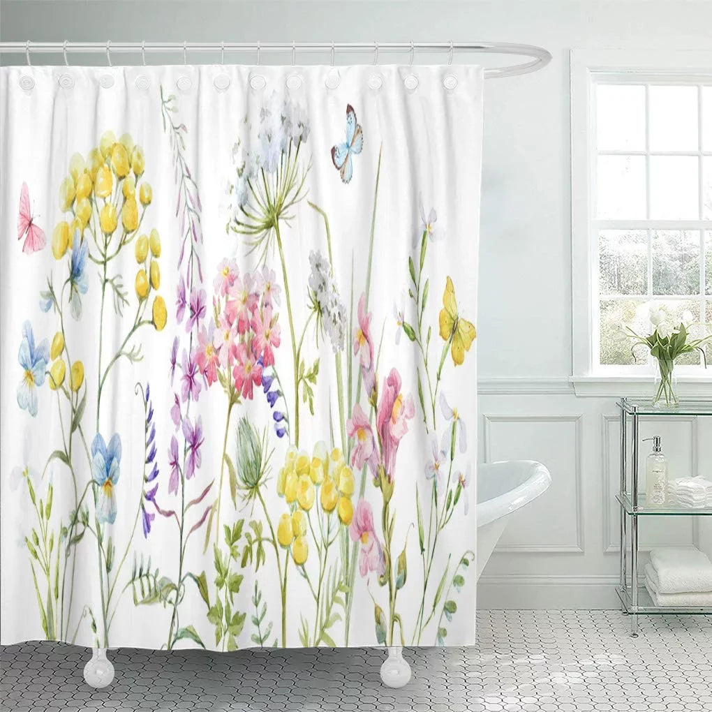 inch Blue Buttercup Tender Curtain Watercolor Pink Wildflowers Tansy Shower 66x72 Yellow Pansies Libin