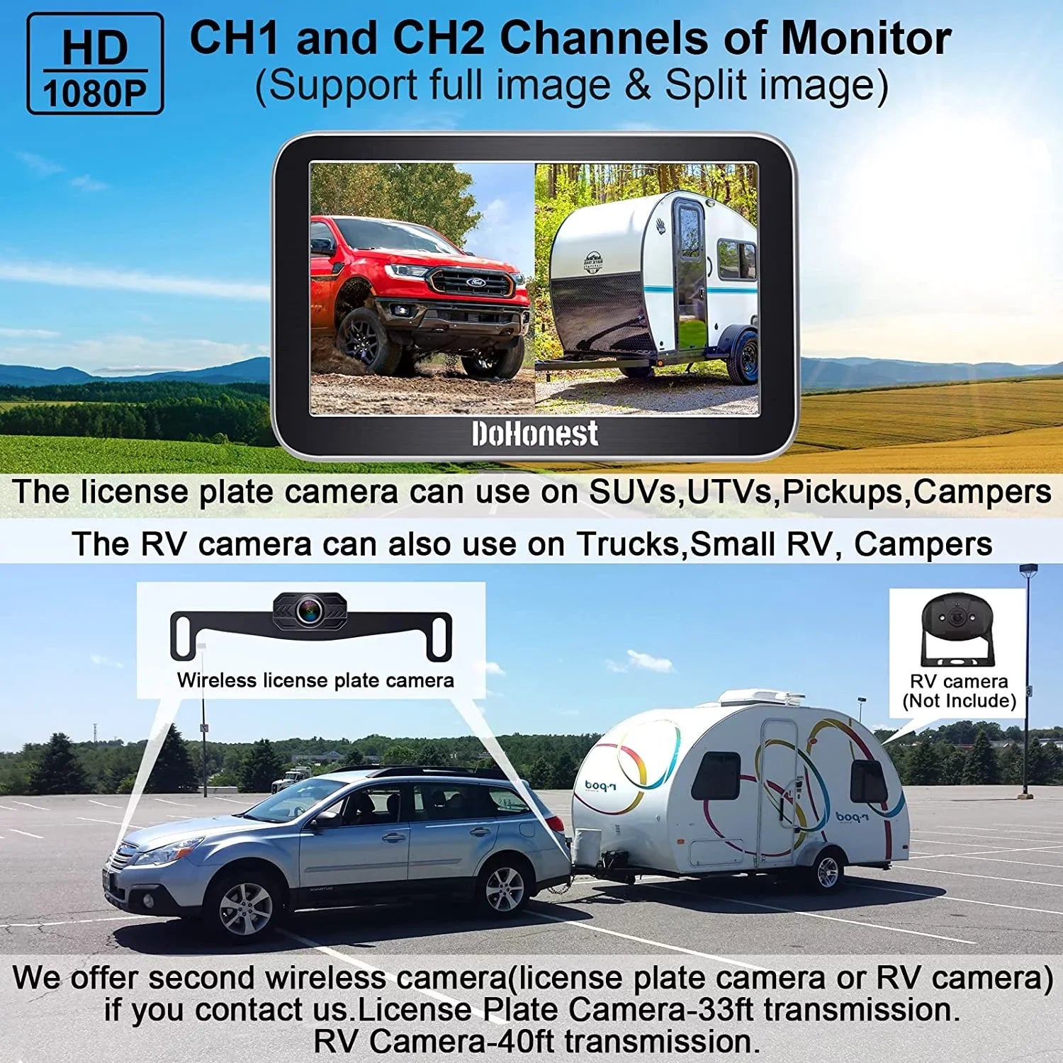 Camera Cam HD Reverse DoHonest 2 Play Backup Signal vision Monitor 1080P Car Auto-Switching Van Install 7-Inch: for Stable Plug Bluetooth Kit Channel Pickup Easy to Truck V Wireless and Night Camper