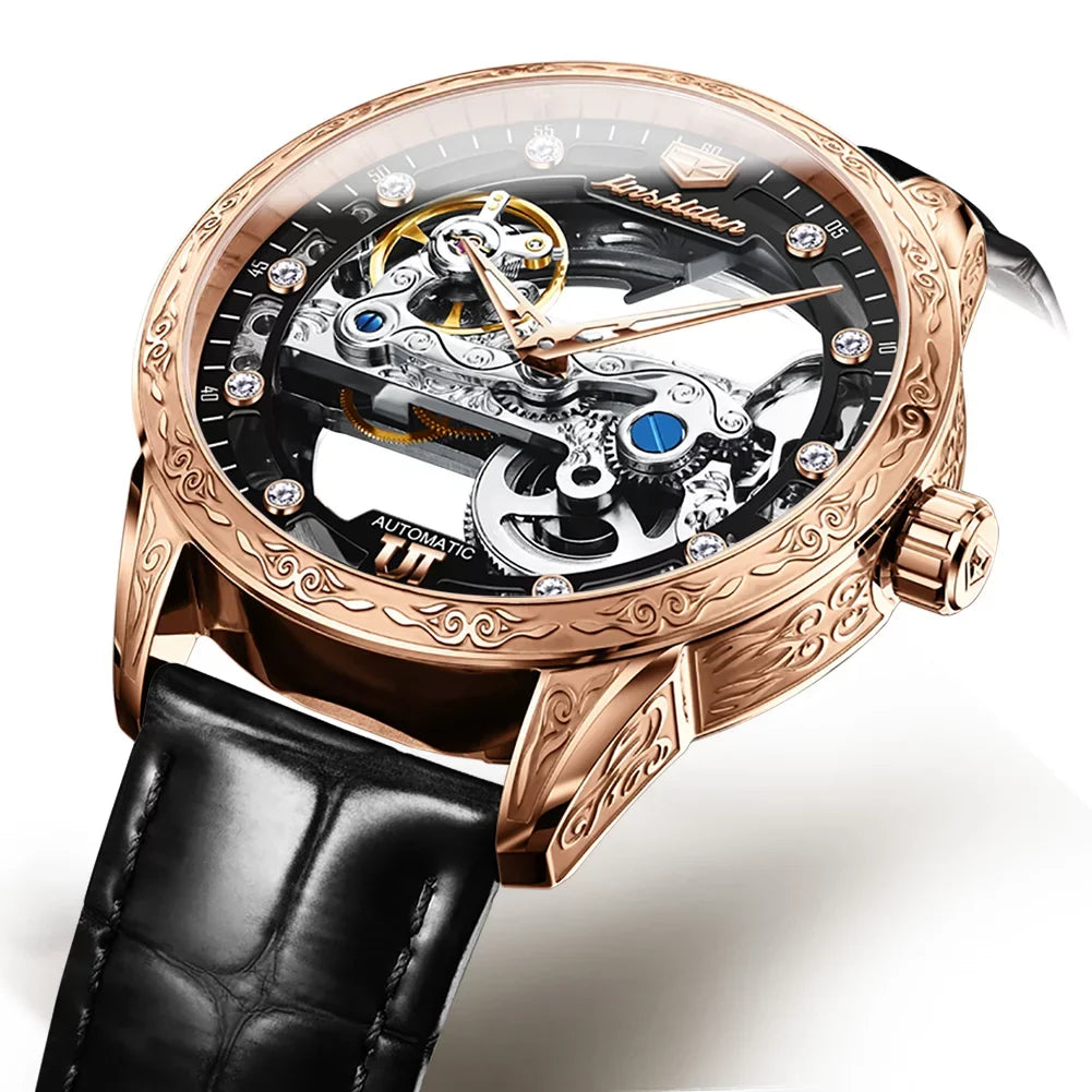 Rose Watch Mechanical Men's Black Luminous Skeleton Transparent Automatic