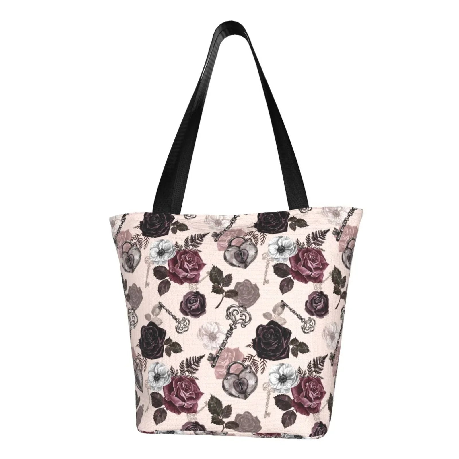 Black Large Retro Lukts Women'S Bag Hobos Shopping Tote Bag,Shoulder Red Capacity Roses Bag Handbags