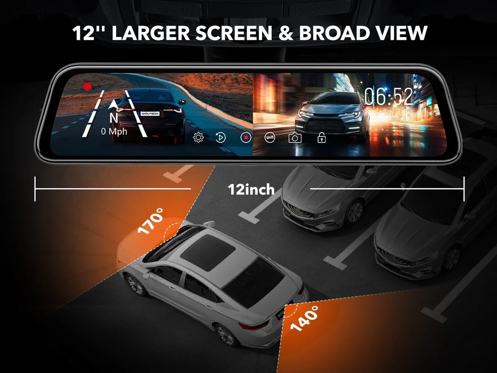 Rear Card Parking View 32GB 4K Monitor, & Touch GPS Screen, Mirror with Free Mirror Backup Camera, Full 12" Camera Dash Dash Cam, WOLFBOX