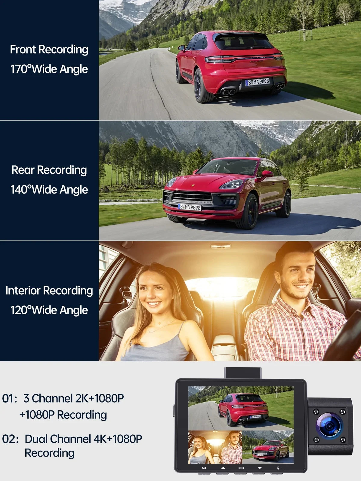 Parking 4K+1080P Channel 3 2K+1080P+1080P Dashcam IR Inside, Cam Camera Night with Triple and Car WDR,G-Sensor, 4K Monitor Camera, Rear Dash Dash Front Vision, TOGUARD