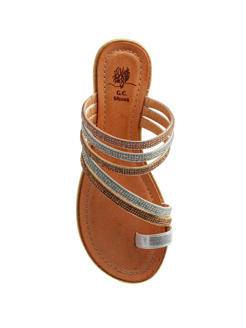 Gold Round Slip G.C. Womens 9 Rhinestone Sandals Padded Toe-Loop Harmonie Slide On SHOES Toe Strappy Wedge