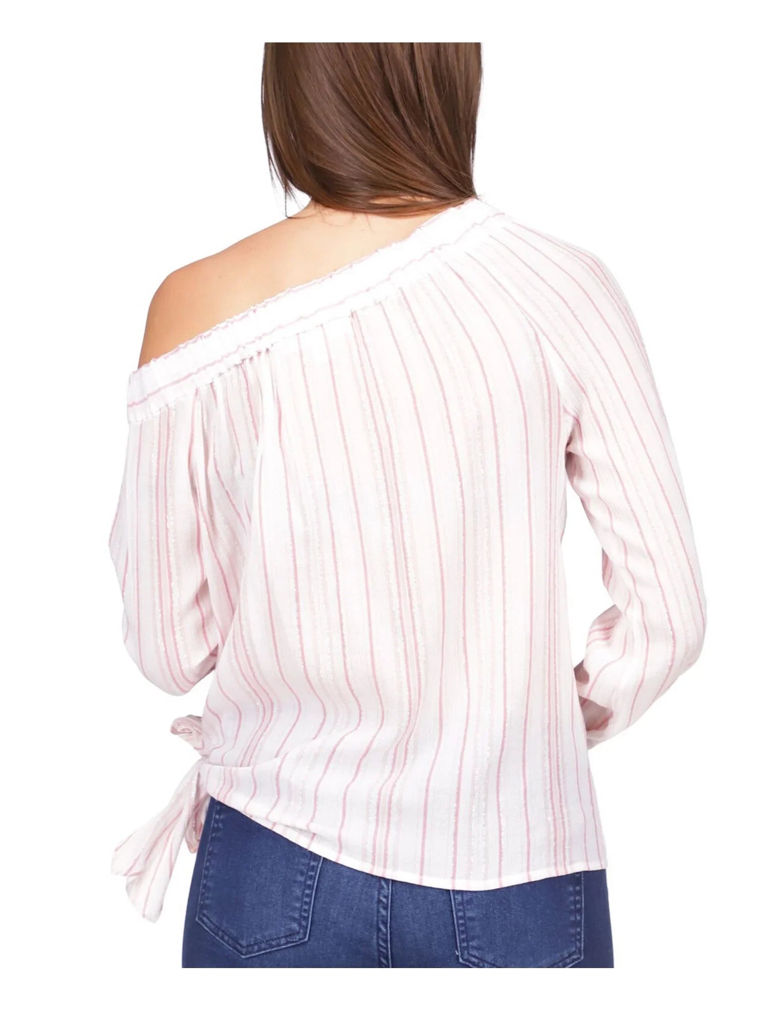 Long Womens Striped Top Tie Pink Asymmetrical Hem Metallic KORS MICHAEL Neckline M Sleeve Side