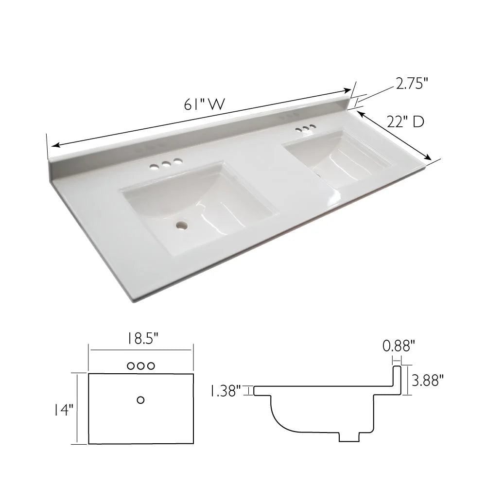 Top House Rectangle Mount Double Bowl 61-inch Integrated Marble Cultured Camilla Solid Design Vanity White 557678-WHT Centerset Backsplash, with