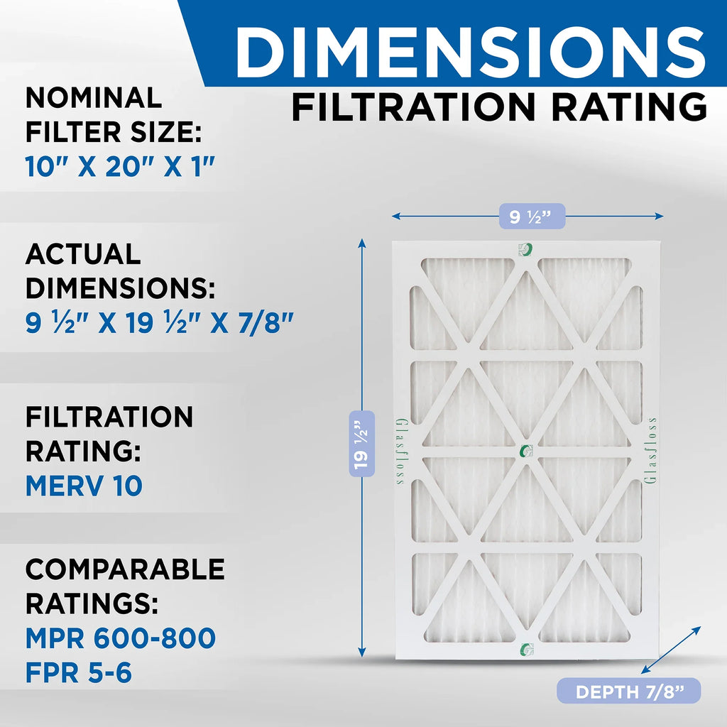 12 9-1/2 Pleated Size: MERV x Actual 19-1/2 Air 7/8 of 10x20x1 10 x Glasfloss. Filters Pack by