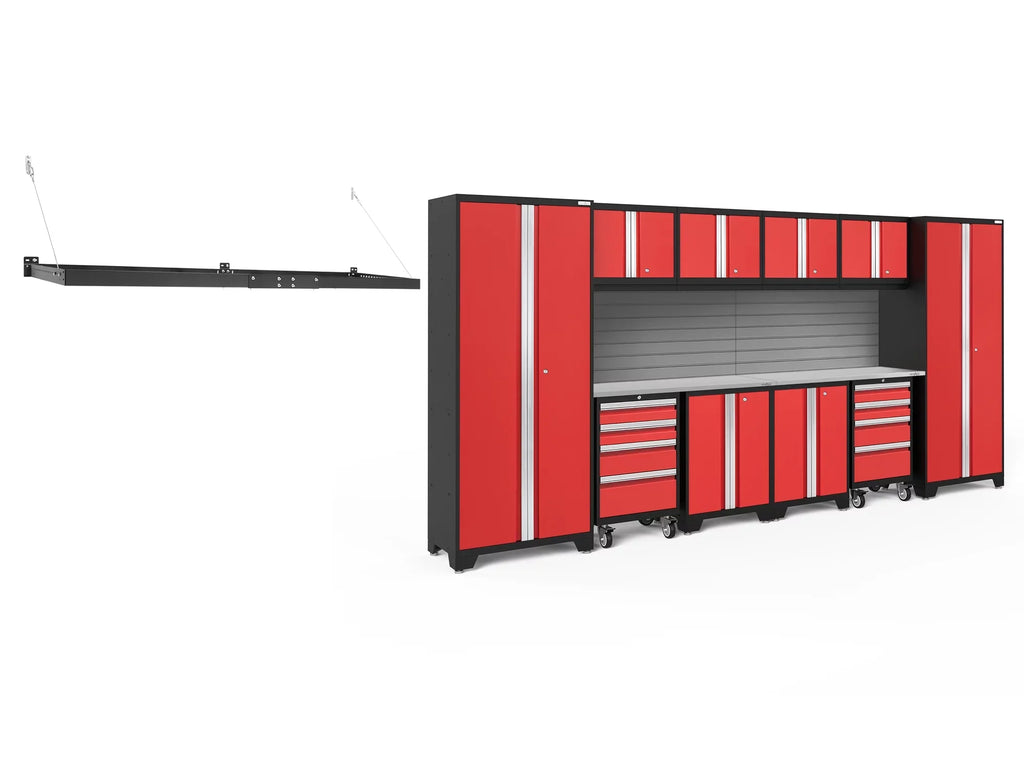 Duty Garage Storage Steel Slatwall Set, Wall Bold System, NewAge Cabinet Shelf Heavy Mounted Red / Products Included Series 24-Gauge 13 Piece