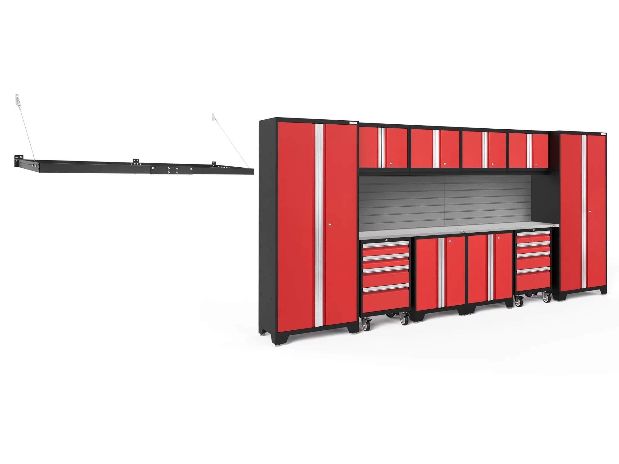 Duty Garage Storage Steel Slatwall Set, Wall Bold System, NewAge Cabinet Shelf Heavy Mounted Red / Products Included Series 24-Gauge 13 Piece