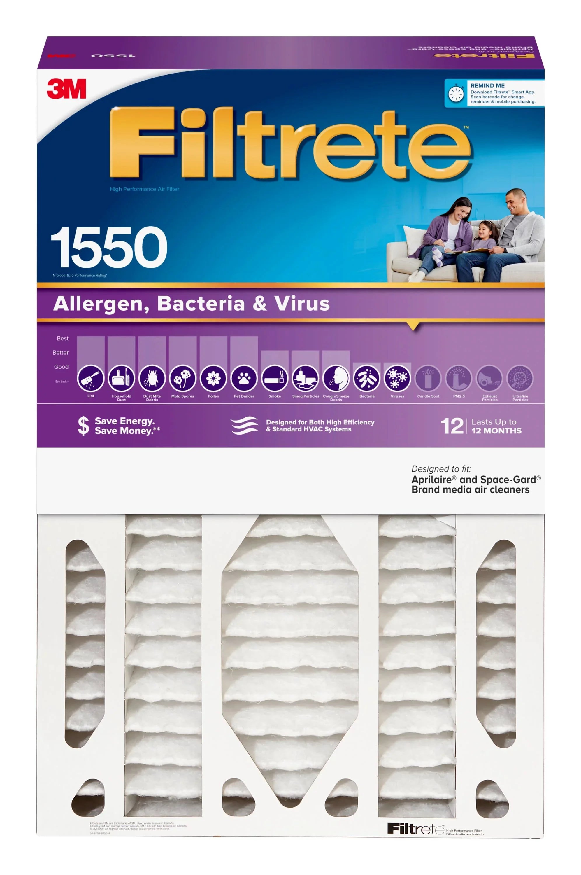 Filter Bacteria 3M by 12, Filter, 1 Allergen, MERV Air HVAC MPR, 1550 Filtrete Virus Furnace & 20x25x6,