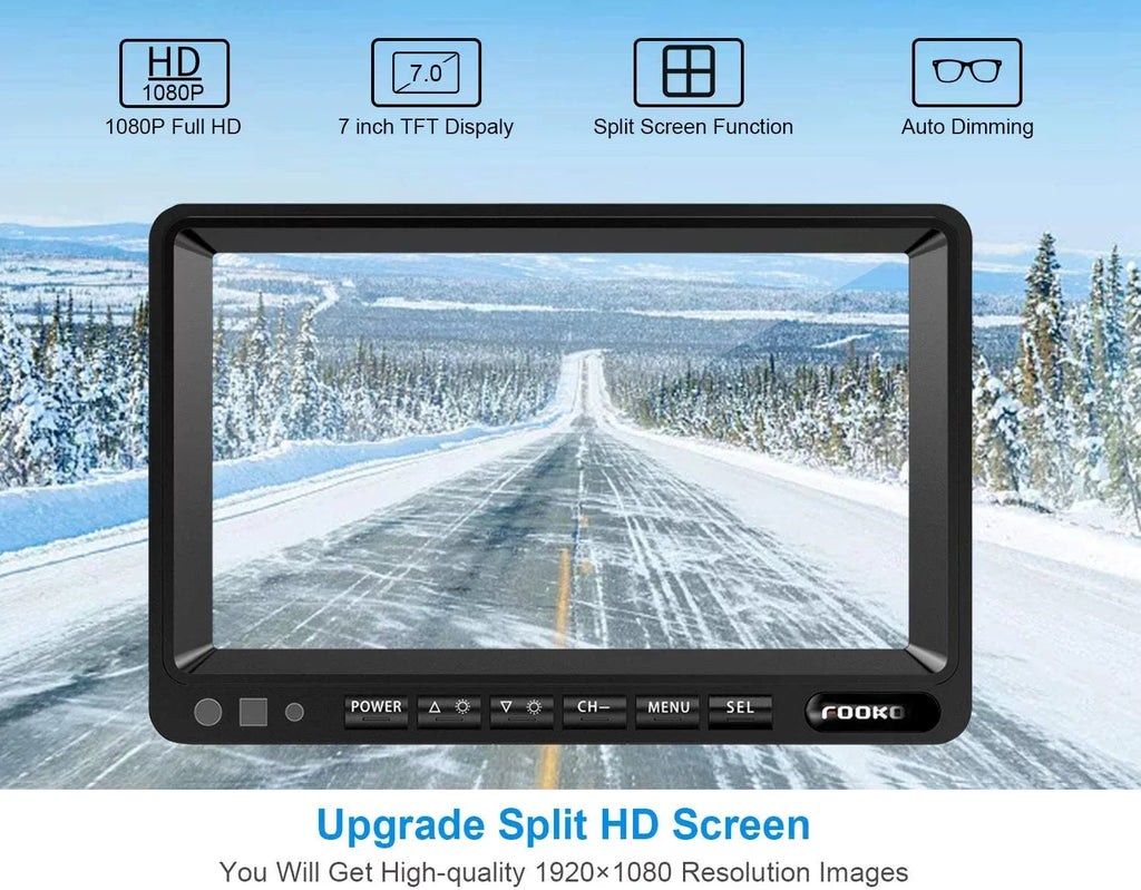 Screen Camera Parking Cameras Waterproof and Trailer(DY704) for Backup Split RV/Truck/Trailer/Bus/Semi-Trailer/Tractor/5th DVR Rear Reversing View System, 7'' Monitor Fookoo HD Lines with Wheel