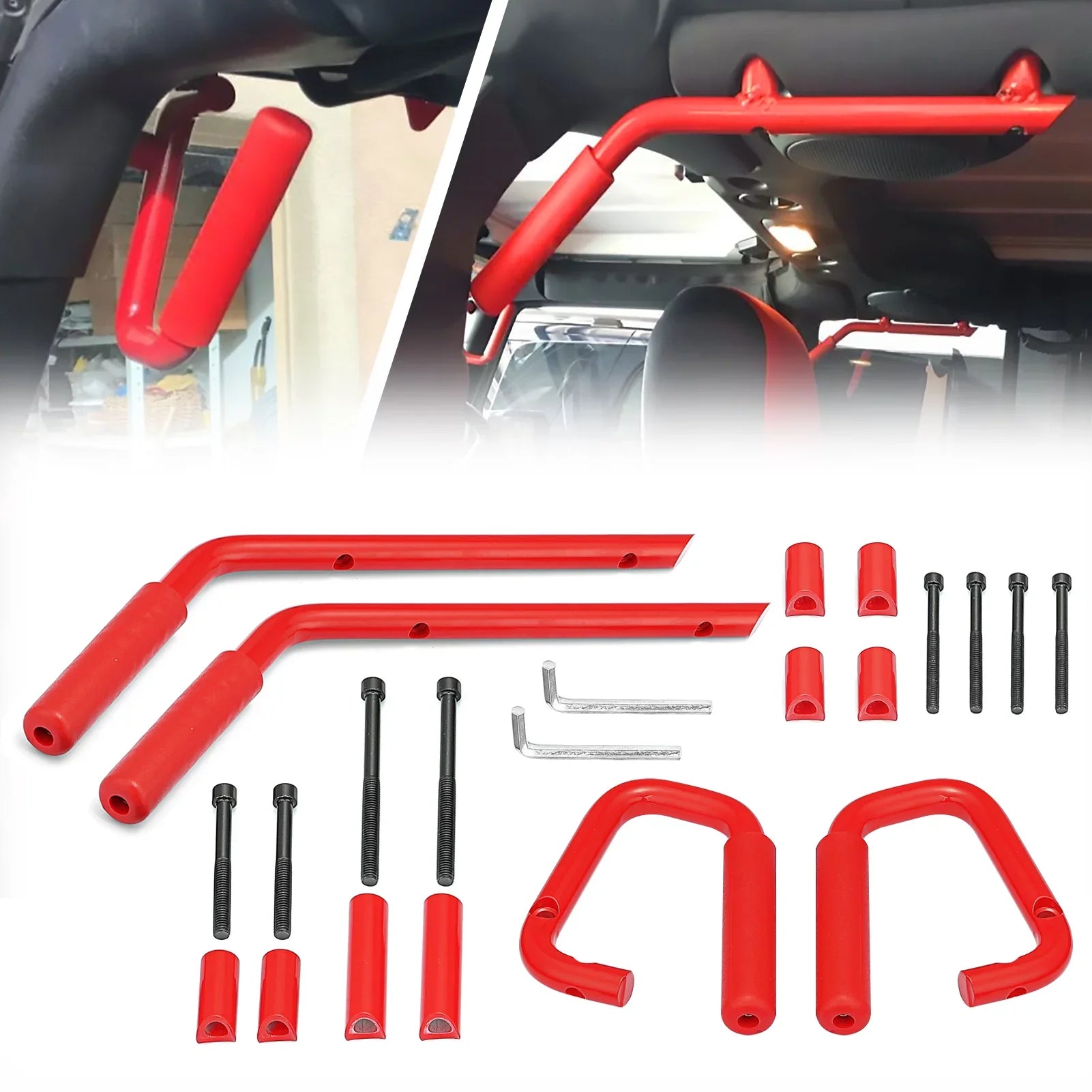 Aluminum Bar Coated Set Rear Wrangler for & JK Jeep Handles Front Grab 07-18 Full WEISEN- Red Powder