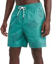 Green Print Allover Hilfiger Small Mens Inseam 7" Tommy Monogram Swim Trunks