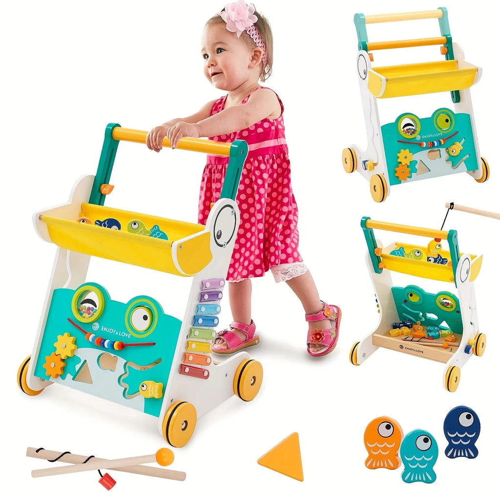 Sit-to-Stand Baby Kids Push Wooden Walker Multiple Shape Walker Baby Learning Entertainment Toy Xylophone Girls with Push Along Infants Activity Center for Toddler Boys Fishing Sorter Trolley