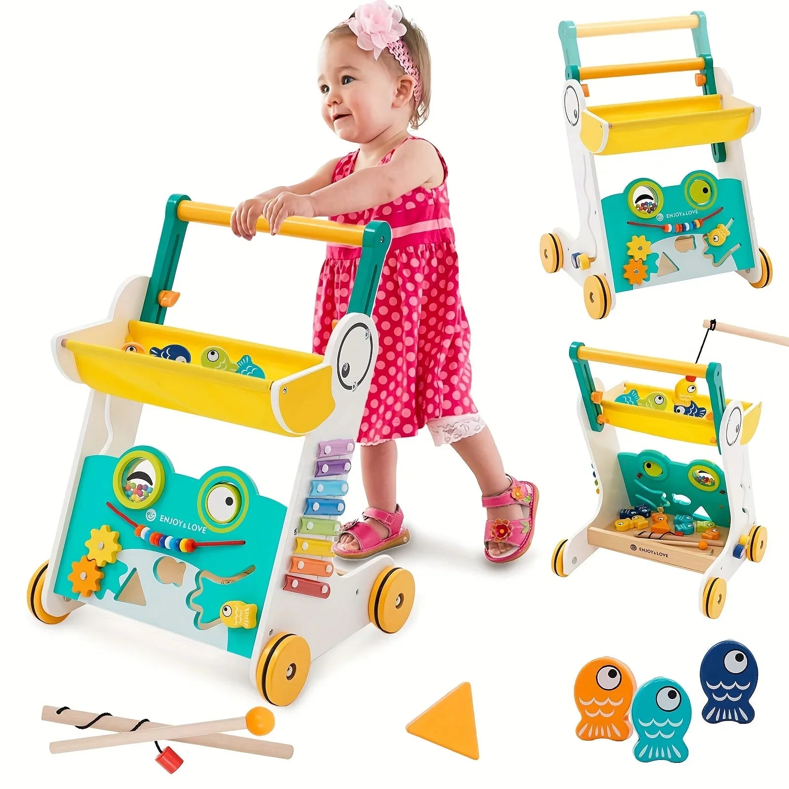 Sit-to-Stand Baby Kids Push Wooden Walker Multiple Shape Walker Baby Learning Entertainment Toy Xylophone Girls with Push Along Infants Activity Center for Toddler Boys Fishing Sorter Trolley