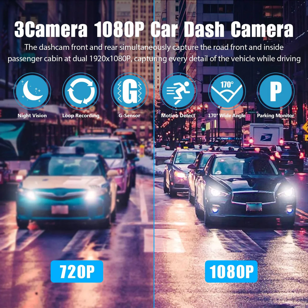 and Parking for Dash 3 Inside Night Triple Vision, Full Front Monitor Dashcam Card, Channel 1080P Cars, HD Rear Camera Three W/IR Dash Loop Car Camera Recording, TF Cam W/32GB Way G-Sensor,