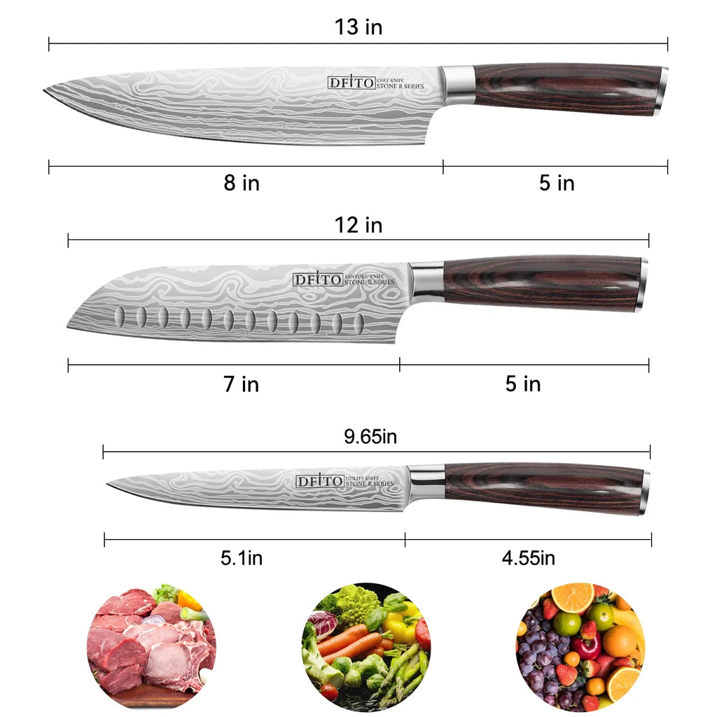 or and Knife, Steel Set, Chef Knife 3PCS Box Kitchen Sharp Ultra Home Stainless for Gift Knives,High Professional Blade, Chefs DFITO Restaurant Carbon Handle Ergonomic