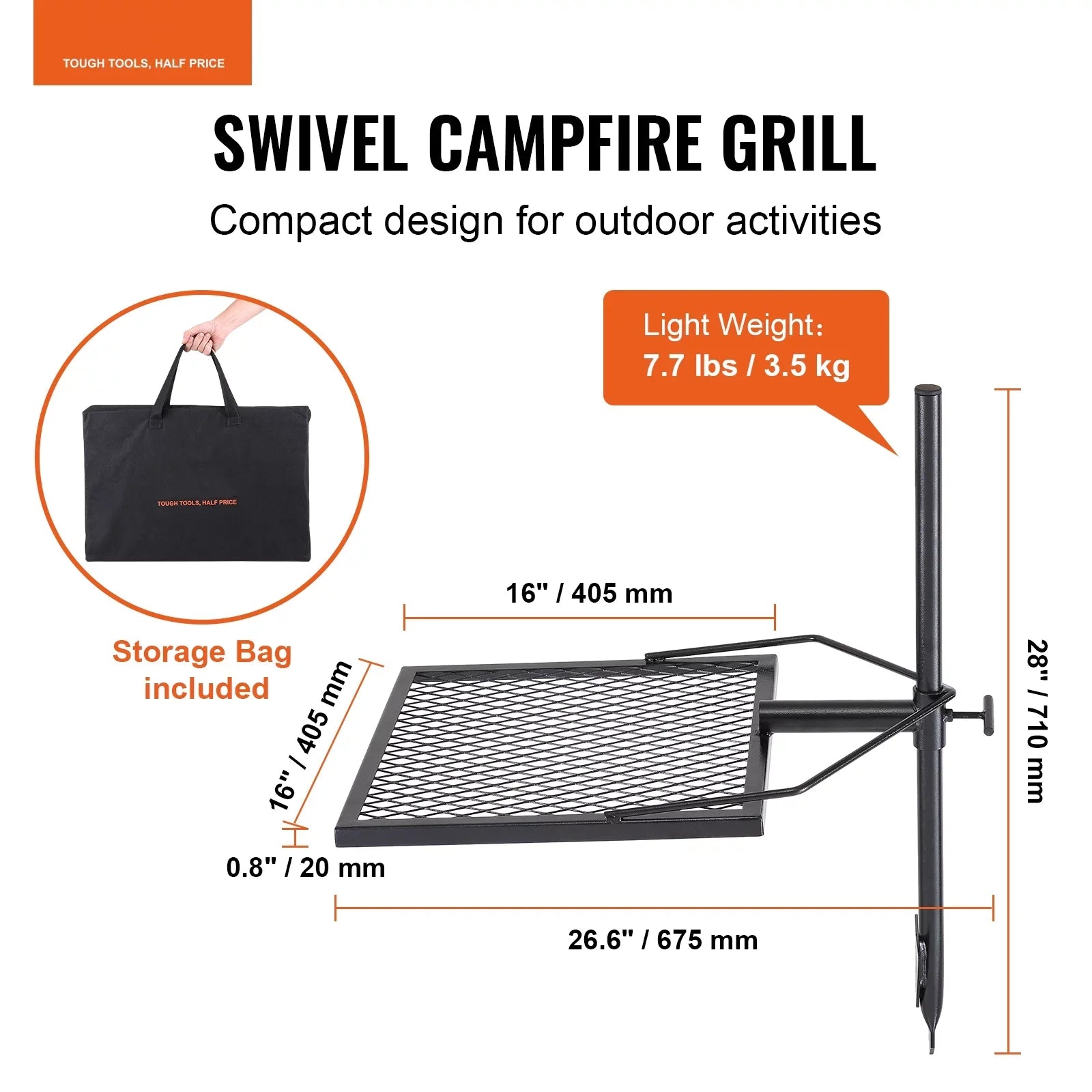 Fire Open Grate Steel BENTISM Adjustable 16" x Swivel Heavy Duty Grill Campfire 16" Cooking