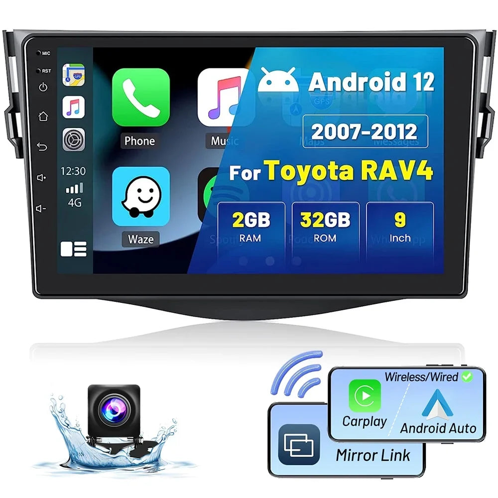 Radio FM Toyota Stereo 2007-2012 Android 12 RAV4 9'' Wireless Auto AHD Hifi Touchscreen 1080P Camera WIFI Car USB GPS for HD 2+32G Android Cable, Podofo Mirror Backup Bluetooth Carplay Link