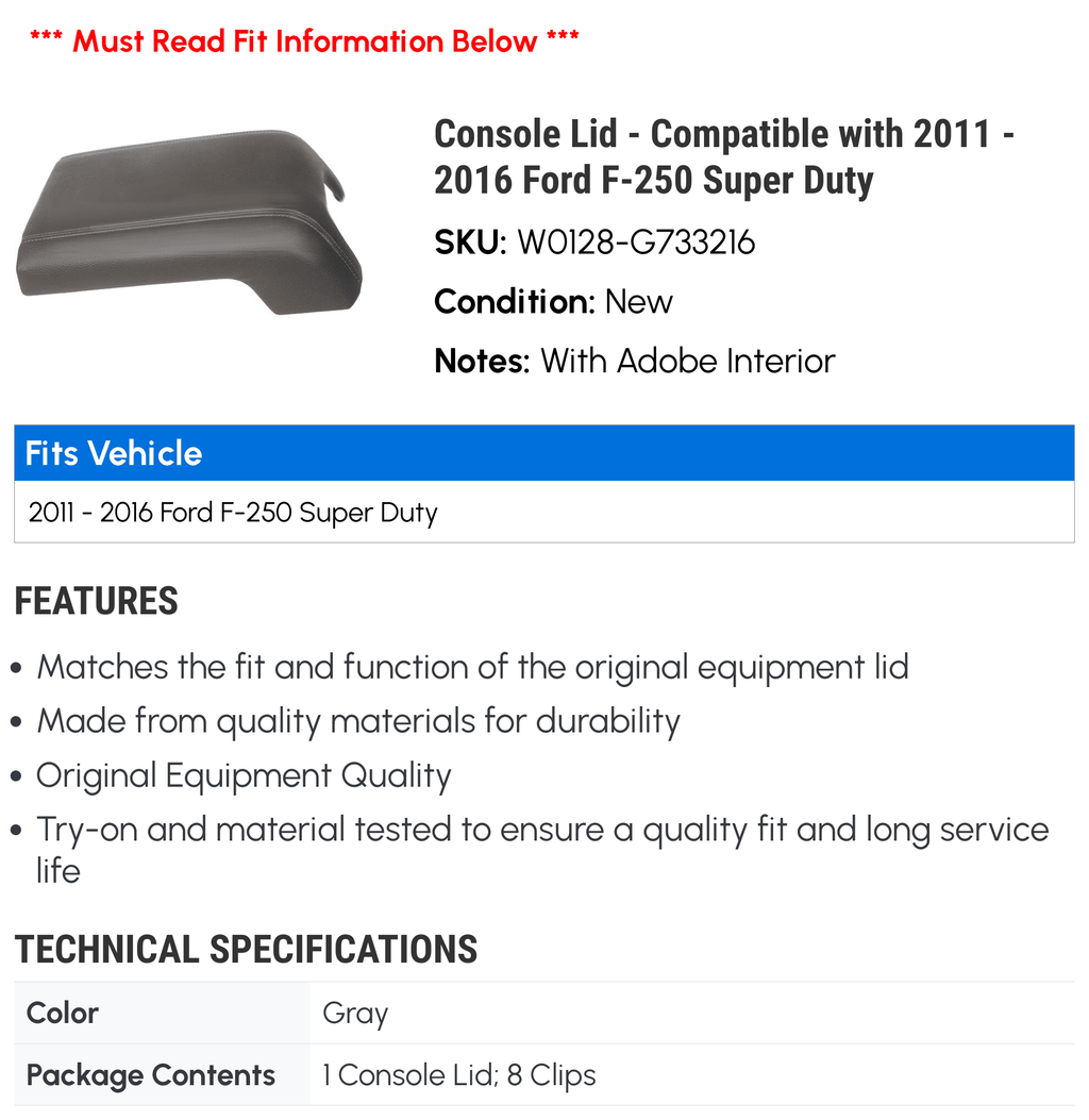 Duty Super 2013 - 2015 2016 with 2014 2012 Lid Compatible F-250 Ford 2011 - Console