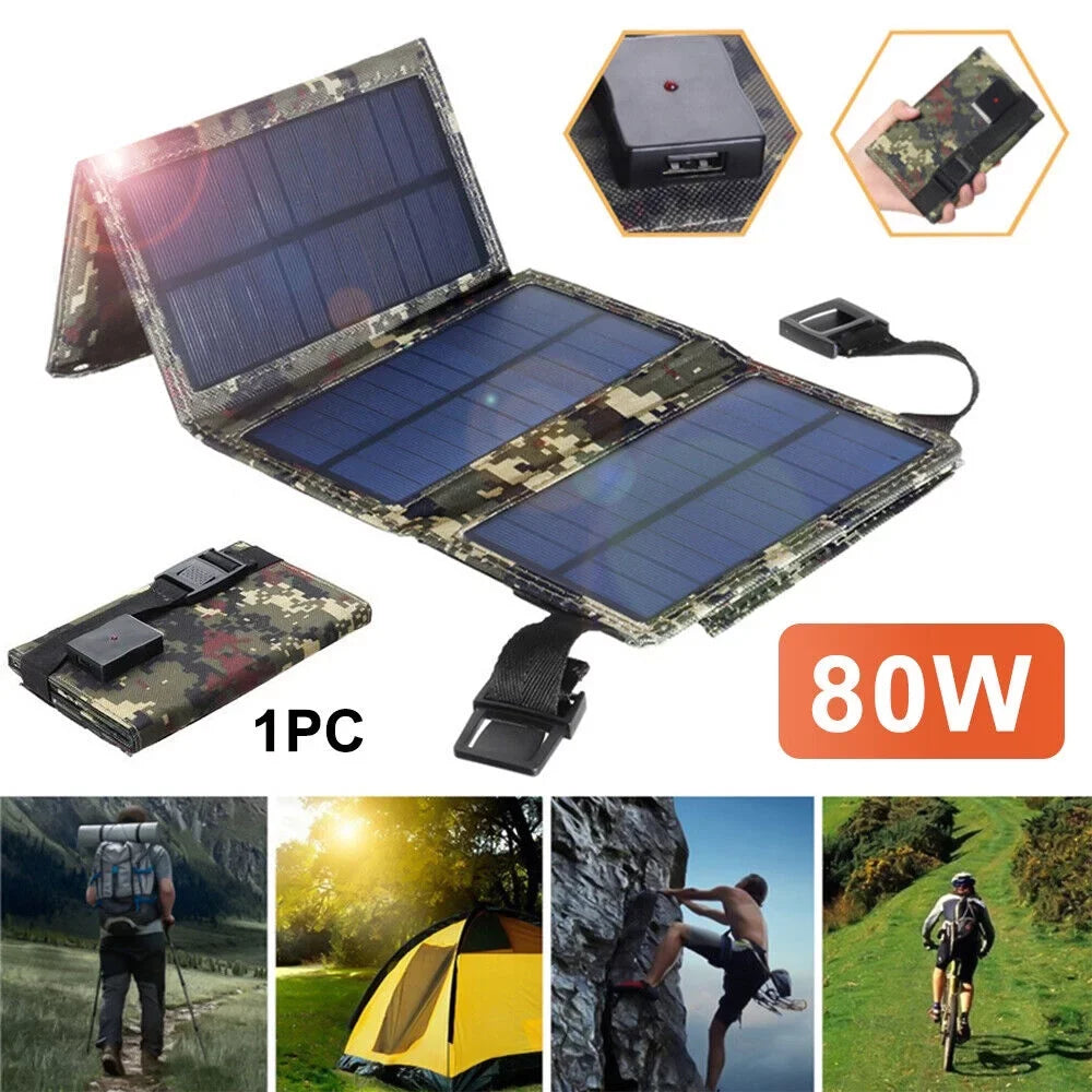 80W Bank Panel Outdoor Solar Camping Paddsun Phone Power Hiking Folding USB Charger