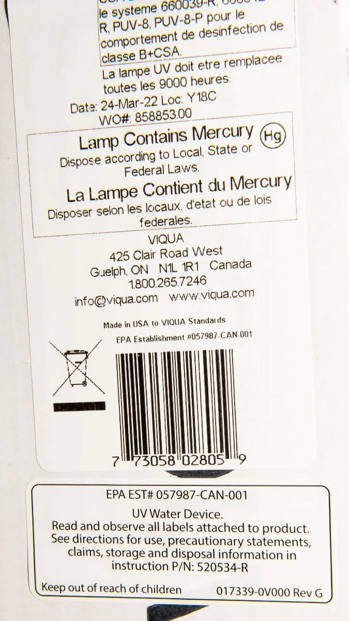 Replacement UV Premium D4 Viqua 602805 for Lamp D4, Systems D4+, Models