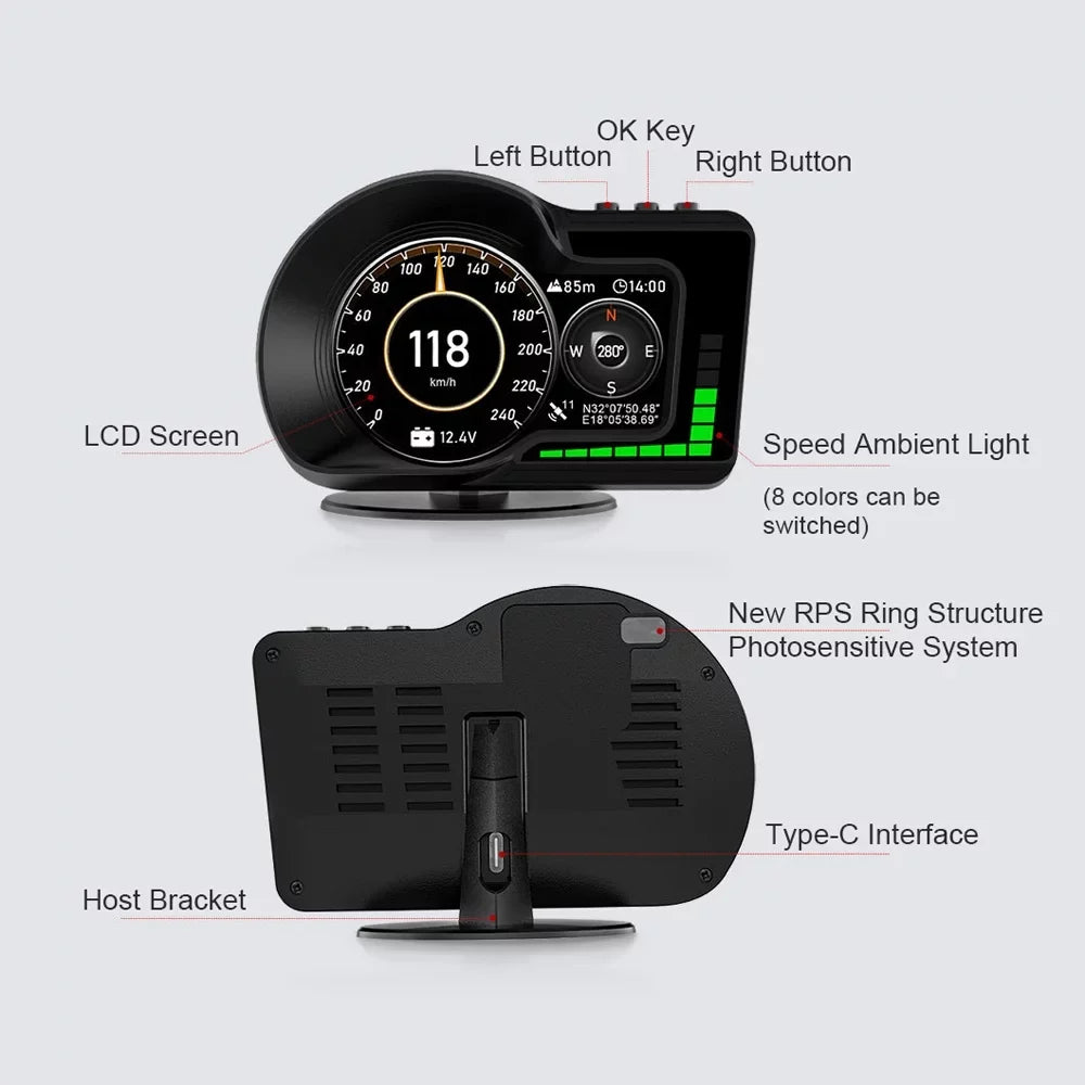 System Up Navigation, Head Display Andoer Dual Alarm, Test, Speed/Clock/RPM, GPS with Car Overspeed Brake