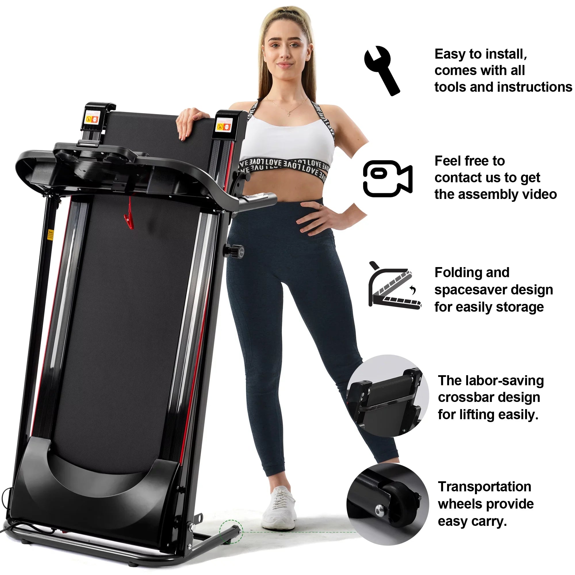Gym Cup Rate Foldable, Electric Fitness 2.5HP Sensor Home Treadmill Walking Folding Heart Incline 12KM/H Running Treadmill Bluetooth Holder Music for for Exercise with Machine Indoor Home