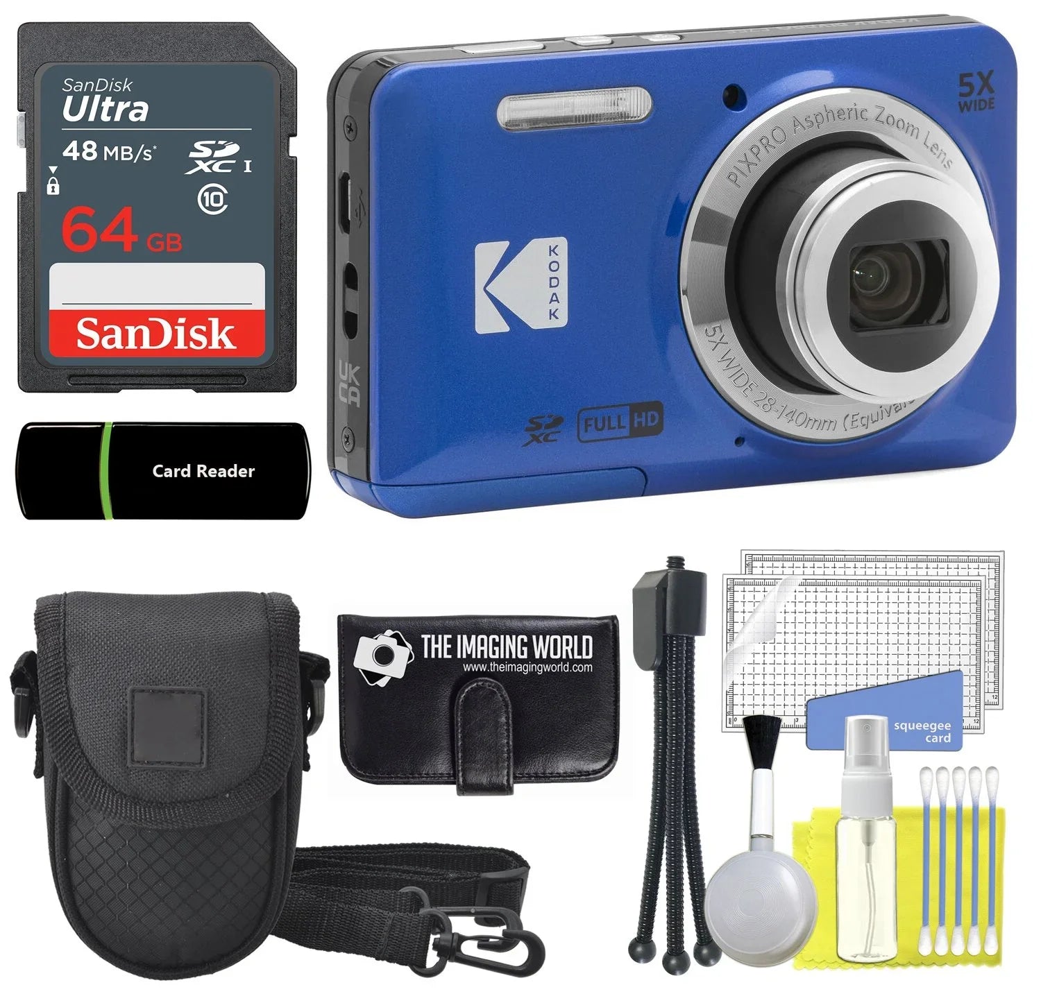 Kodak + Full Blue Wallet Zoom Tripod Camera + Case Memory Bundle PIXPRO HD FZ55 Video Digital Wide Cleaning 1080P + 16MP and + + LCD 64GB 2.7" Angle Camera Optical Reader Card 5X 28mm