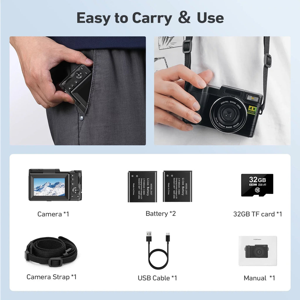 Screen Digital 16X Digital MARVUE Function Camera with Macro Camera YouTube Flash, for Zoom 180°Flip Vlogging Photography & 48MP Liftable 4K 3’’ Camera