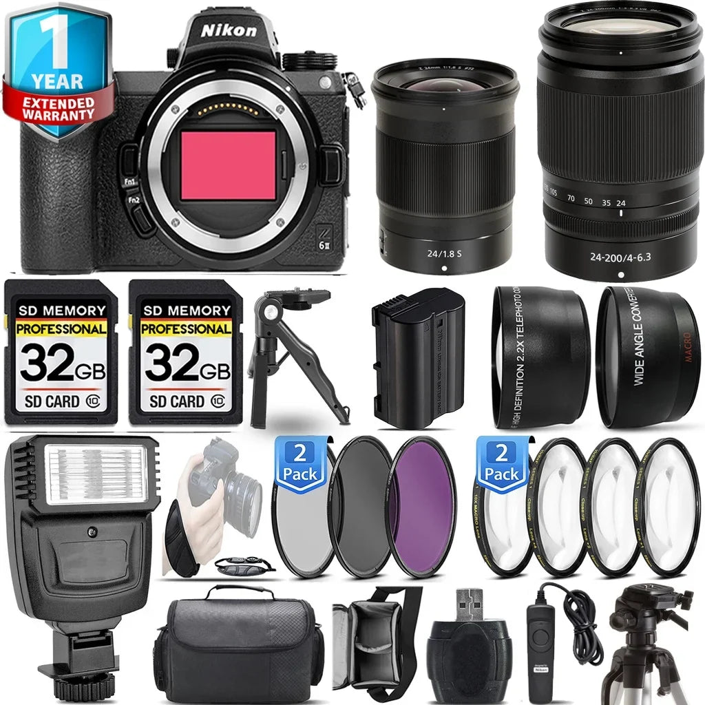 Lens Z6 + Mirrorless II S + f/1.8 f/4-6.3 with Kit VR Camera Lens + Nikon 24mm 64GB 24-200mm Flash
