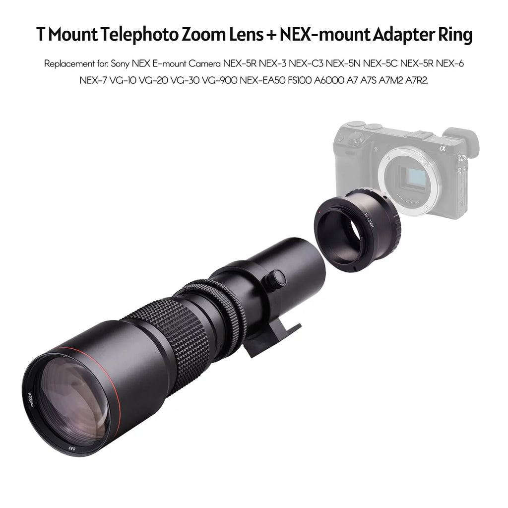 Coated Lens Ring Adapter + Aibecy F/8.0-32 A7R to Telephoto Manual Replacement NEX-6 NEX-5 Multi A5000 Cameras T-Mount 500mm NEX E-Mount Kit A7S Zoom A6500 A7 Super NEX-7 Sony for A6000 A9